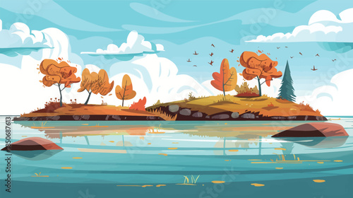 Autumn-colored island in a tranquil lake, peaceful fall landscape with reflection, serene nature scenery, calm water and vibrant foliage