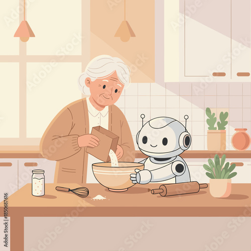 A heartwarming flat vector illustration of an elderly woman and a cute robot assistant baking together in a sunny kitchen
