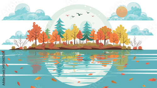 Autumn-colored island in a tranquil lake, peaceful fall landscape with reflection, serene nature scenery, calm water and vibrant foliage