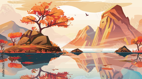 Autumn-colored island in a tranquil lake, peaceful fall landscape with reflection, serene nature scenery, calm water and vibrant foliage