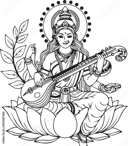 Hindu goddess saraswati playing veena sitting on lotus