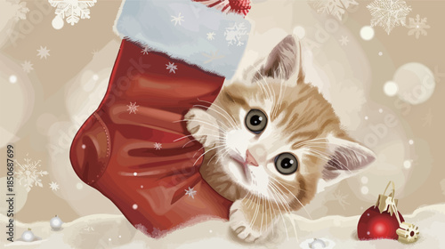 Cute baby cat inside Christmas stocking, adorable kitten illustration, festive holiday pet character, kawaii style, flat vector design, Christmas decoration isolated on white background