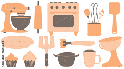 Bakery tool icons set including mixer, oven, cupcake tray, spatula, whisk and rolling pin, flat vector illustration, clean outline, simple shapes, isolated on white background