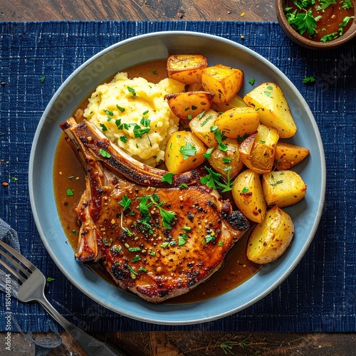 Wallpaper Mural Pork chop with mashed potatoes and roasted potatoes, drizzled with gravy Torontodigital.ca
