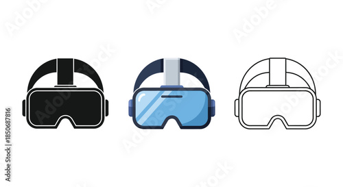 Virtual reality headset goggles icon set in black silhouette, color filled, and outline styles