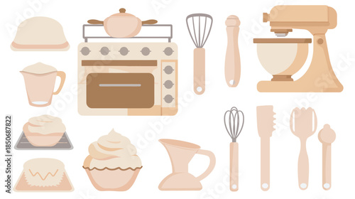 Bakery tool icons set including mixer, oven, cupcake tray, spatula, whisk and rolling pin, flat vector illustration, clean outline, simple shapes, isolated on white background