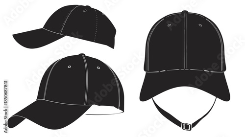 Baseball cap silhouette icon, solid black hat shape, simple flat vector illustration, minimal design, clean outline, isolated on white background