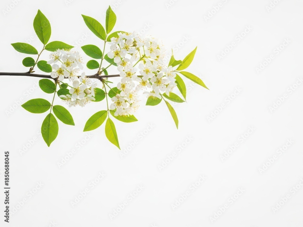 Obraz premium Beautiful white flowers on a branch with green leaves