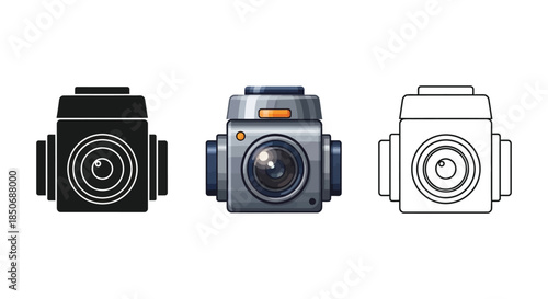 Set of three action camera icons in solid black silhouette, color, and outline styles