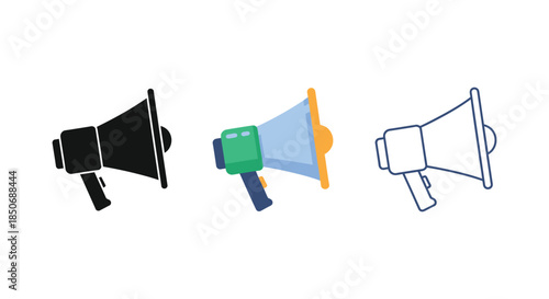 Set of three megaphone icons in solid black silhouette, color, and outline styles