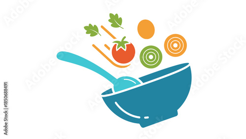 A vibrant illustration of healthy food ingredients being tossed into a bowl with a spoon, symbolizing healthy eating and fresh meals