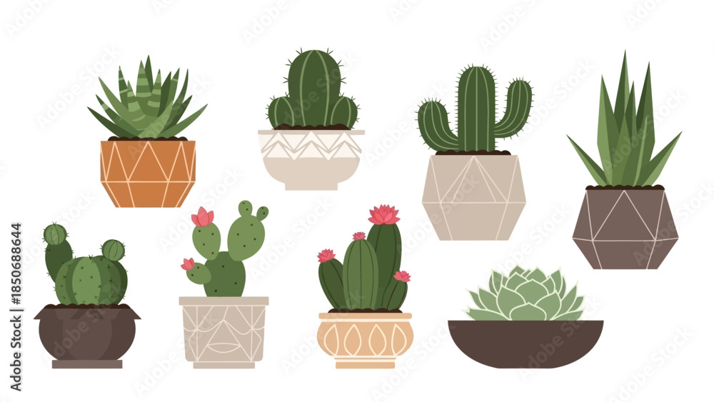 Fototapeta premium Collection of Various Potted Cacti and Succulent Plants in Decorative Geometric Planters