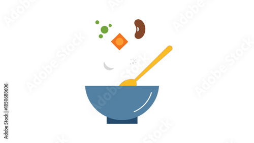 A bowl with a spoon and floating ingredients, representing a healthy and nutritious meal with fresh produce and grains, perfect for healthy eating and culinary concepts