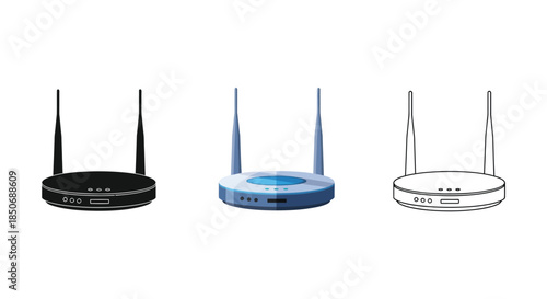 Set of three wireless internet router icons in solid black silhouette, color, and outline styles