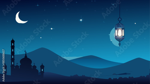 Nighttime mosque silhouette with hanging lantern