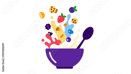 A vibrant illustration depicting a bowl overflowing with cereal, berries, and milk splashing upwards, with a spoon beside it