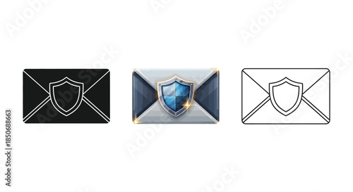 Secure email icon set representing encrypted messages in solid, color, and outline styles
