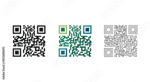 Set of three QR code icons in black, gradient color, and outline styles