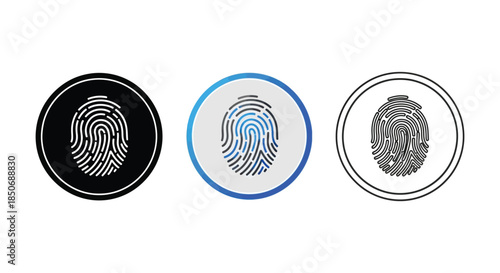 Set of three fingerprint icons in black, gradient color, and outline styles