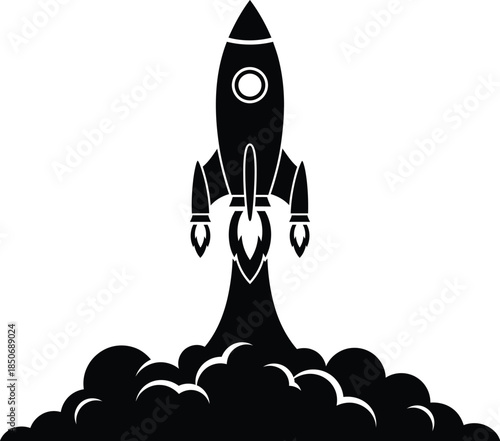 A retro vector illustration of a cartoon spaceship launch from the moon represents a vintage science travel icon and symbolic rocket design for space technology