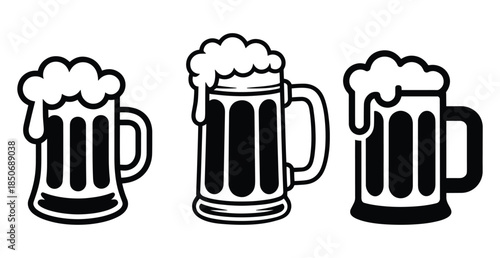 Beer mugs filled with frothy foam, Beer mug icons featuring frothy foam, Beer mug silhouette, filled with dark liquid and topped with a frothy layer of white foam, Vector illustration