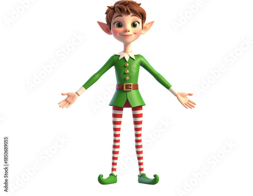 Playful Elf Character in Green Costume with Striped Tights and Joyful Expression on Transparent Background