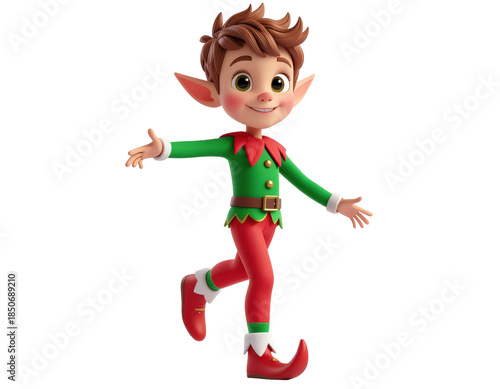 Playful Elf Character with Green and Red Outfit Gesturing Joyfully in a Whimsical Style