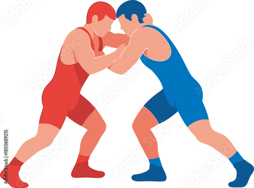 Action-packed illustration of two wrestlers in red and blue singlets engaged in a match. High-quality vector art perfect for wrestling club logos, tournament posters, and sports branding.