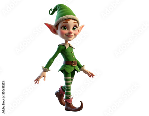 Playful Fantasy Elf Character Smiling in Green Costume with Striped Legs on Transparent Background
