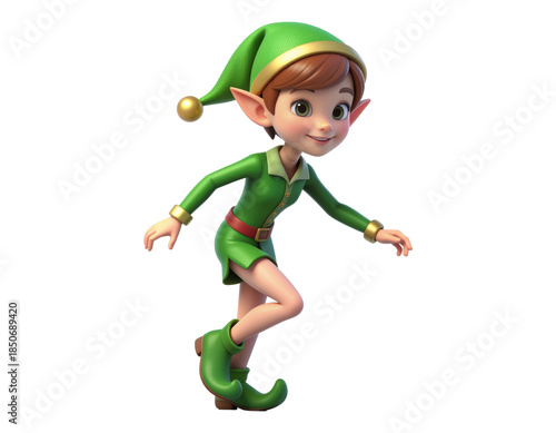 Playful Young Elf Character in Green Costume with Cheerful Expression and Whimsical Pose