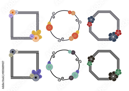 【AIによる画像内容の復唱】 菊の花と流水文様（観世水）を組み合わせた和風の線画フレームセット。 形状は正方形、円形（唐草模様の線）、八角形の3種類。 配色は、上段がオレンジ・赤・青・紫の華やかな組み合わせ、下段が青・紫・緑・黒の落ち着いた組み合わせの2パターンで構成されている