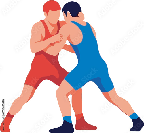 Action-oriented vector illustration of two wrestlers in red and blue singlets competing on a mat. Perfect for combat sports branding, tournament posters, and wrestling club apparel.