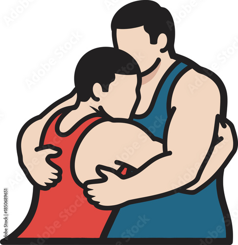 Action-oriented vector of two wrestlers in red and blue singlets clinching during a match. High-quality sports graphic ideal for tournament branding, wrestling club logos, and team apparel.