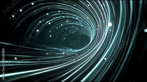 Glowing luminous lines swirl through a dark abstract space with flowing warp effect.