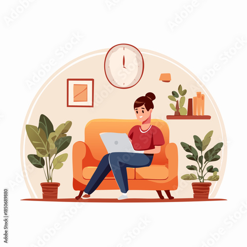 Woman working remotely on laptop from a cozy home sofa, surrounded by plants, illustrating a modern work-from-home lifestyle and comfortable home office