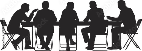 Business meeting silhouette scene, professional people discussion at table, teamwork collaboration concept, corporate decision making, black vector illustration