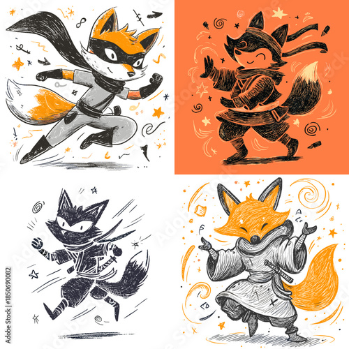 Cute fox character illustration in dynamic cartoon style with playful movement perfect for children books stickers apparel prints and cheerful storytelling visuals