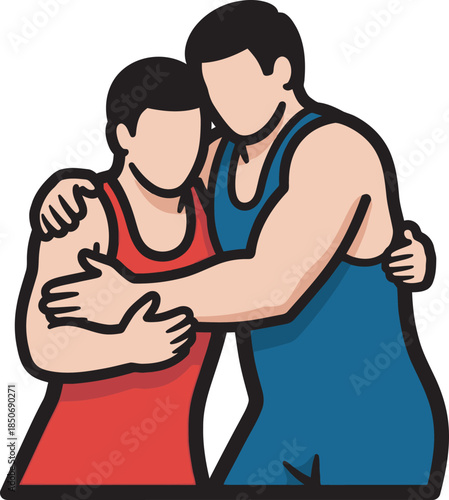 Action-oriented vector of two wrestlers in red and blue singlets grappling during a match. High-quality sports graphic ideal for tournament branding, wrestling club logos, and team apparel.