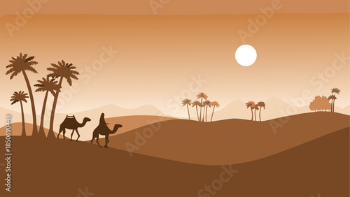 Travelers crossing a desert at sunset