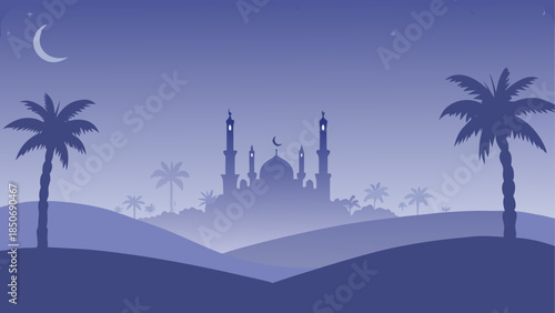 Serene desert night with mosque