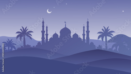 Desert night with mosque and palm trees