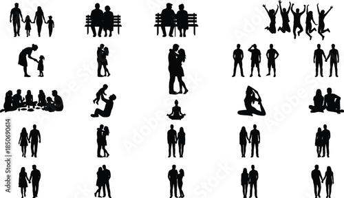Silhouettes human interaction, families, couples, yoga poses, dancing, celebration, social activities, emotions, relationships, vector art, CAD drawing flat illustration