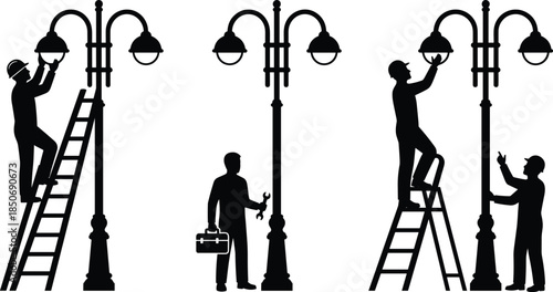 Street lamp maintenance silhouettes, workers on ladders, toolbox, wrench, teamwork, safety equipment, urban lighting repair, CAD drawing flat illustration