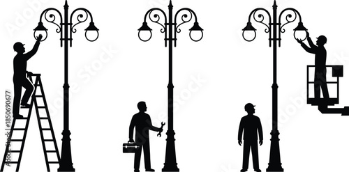 Street lamp maintenance silhouettes, workers on ladders, toolbox, wrench, mechanical lift, teamwork, safety equipment, urban lighting repair, CAD drawing flat illustration