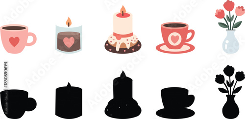 Vector art of collection of colorful icons featuring coffee cups, cakes, flowers, and candles