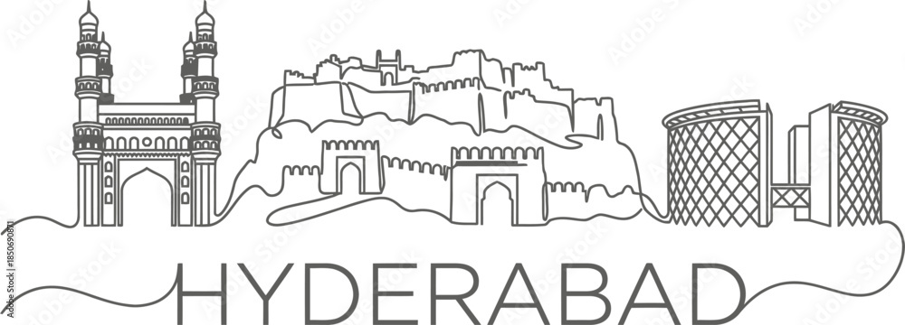 Obraz premium Hyderabad city skyline landmarks continuous line art vector illustration