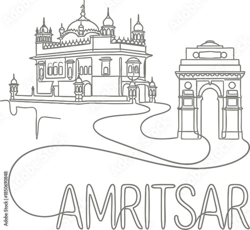 Golden Temple and India Gate Amritsar landmark vector illustration