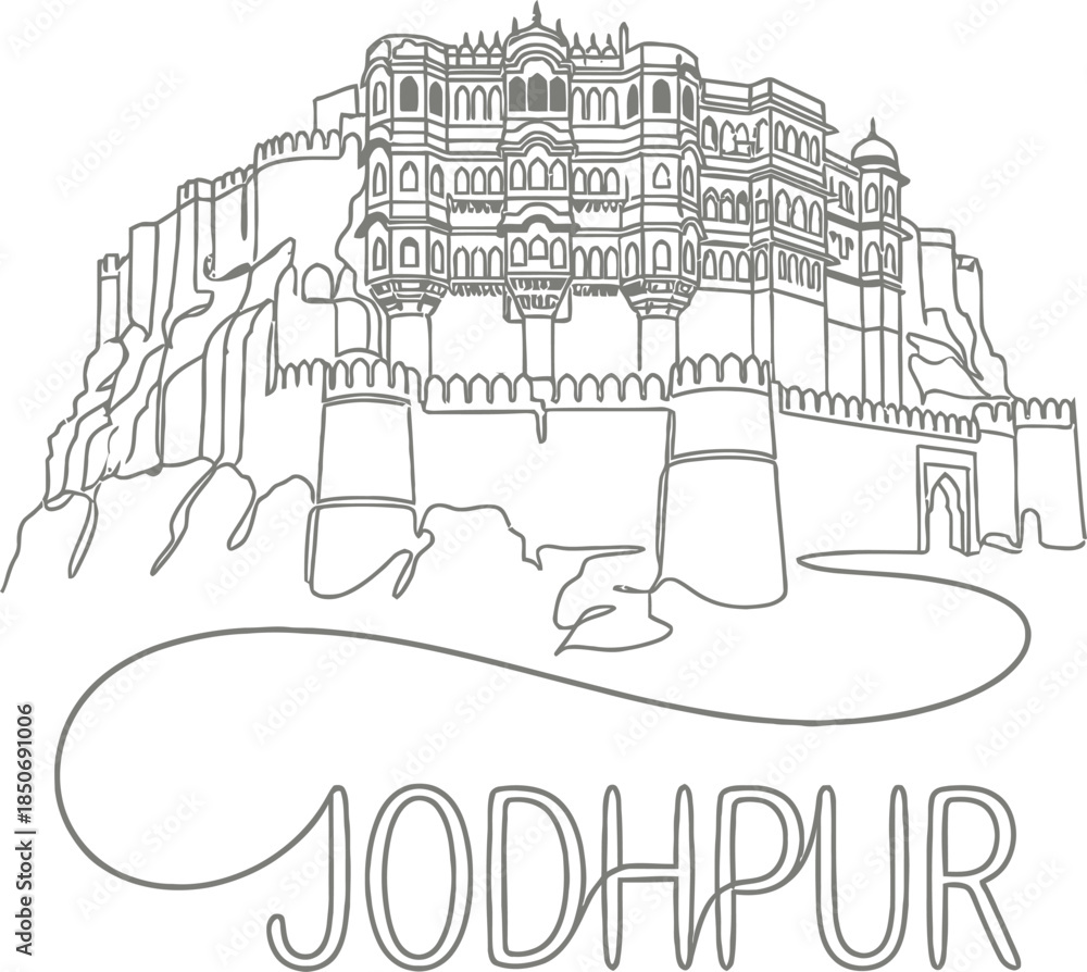Fototapeta premium Mehrangarh Fort Jodhpur landmark line art vector illustration