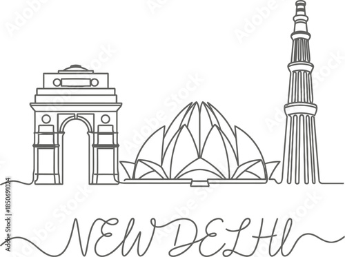 New Delhi landmarks skyline continuous line art vector illustration