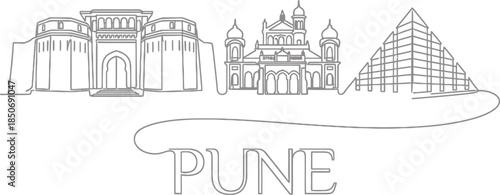 Pune city skyline landmarks one line drawing vector illustration